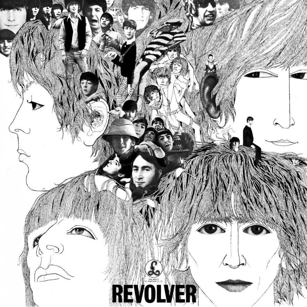 1966年発売、革新的なビートルズのアルバム「Revolver」のジャケット(手描きイラスト風)
